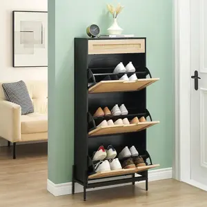 Black Handwoven Rattan Floor-Standing Shoe Rack Shelf - Wooden Frame, Metal Legs, 3 Flip Doors, 1 Drawer, Adjustable Metal Compartments, Smooth Finish, Classic Slim Multi-Level Shoe Storage System with Anti-Tilt Device for Entryway, Hallway