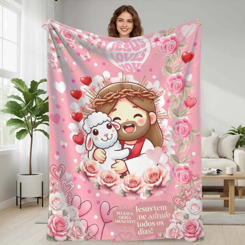 Jesus Loves You Flannel Fleece Throw Blanket, Adorable Jesus & Lamb Print, Ultra Soft & Cozy Style, Perfect for Christmas Gifts, Home Decor & Daily Comfort