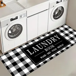 1 Pc Black And White Checkered Laundry Room Rug Soft And Comfortable Long Strip Carpet Printed Mat Anti Slip Floor Mat Suitable For Kitchen Living Room Bedroom Sink Laundry Room Decoration Carpet Mat