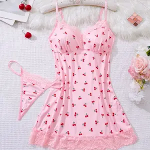Women's 2Pc Sexy Cherry Print Nightgown with Lace Trim & Thong Pajama Set for Comfortable Sleepwear Womenswear Cami Lingerie Pjs Loungewear