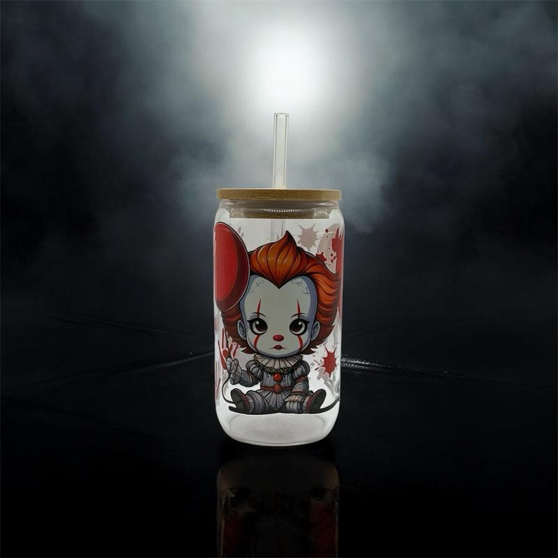 Baby Pennywise 16 oz Glass Tumbler with Bamboo Lid and Glass Straw Featuring Iconic Character Design