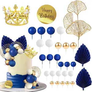 Crown Tiara Cake Topper Happy Birthday Cake Decorations for Birthday Boho Wedding Baby Shower Party Decorations (Blue White Gold)