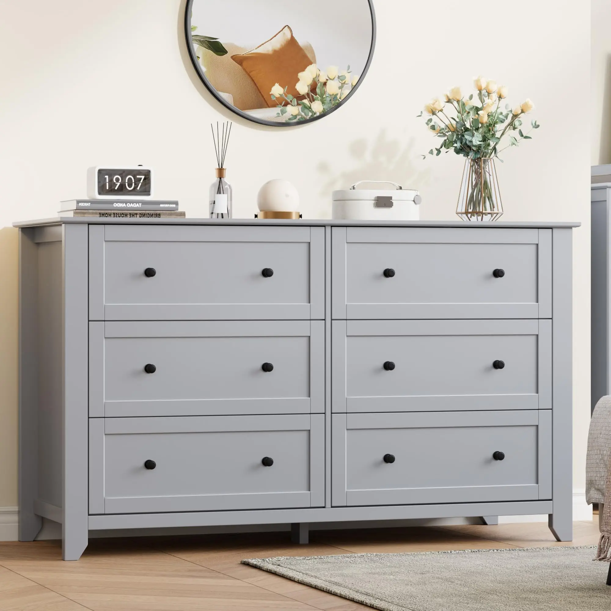 54 Inch Wide 6 Drawer Dresser for Bedroom, Modern Wooden Chest of Drawers with Deep Storage Drawers and Metal Knobs, Large Lacquer Finish Dresser Organizer for Closet Entryway Hallway Living Room, Engineered Wood Storage Cabinet