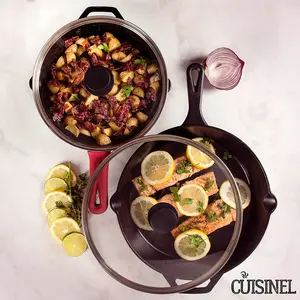 Cuisinel Cast Iron Skillet Set 10" & 12" Frying Pans with Glass Lids & Handle Cover Grips Pre-Seasoned Oven Cookware for Indoor Outdoor Use Grill Stovetop Induction BBQ Camping Fire