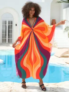 【Plus Size】 Colorful Geometric Print Batwing Sleeve Cover Up Dress, Casual V Neck Cover Up Dress for Beach Holiday Vacation, Women's Swimwear for All Seasons, Swim Cover Ups