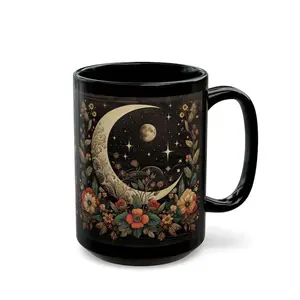 Crescent Moon Wildflower Mug, Dark Cottagecore Design Coffee Mug, Dark Aesthetic Ceramic Cup, Decor Gothic Floral Art Print Mug Witchy 11oz15oz