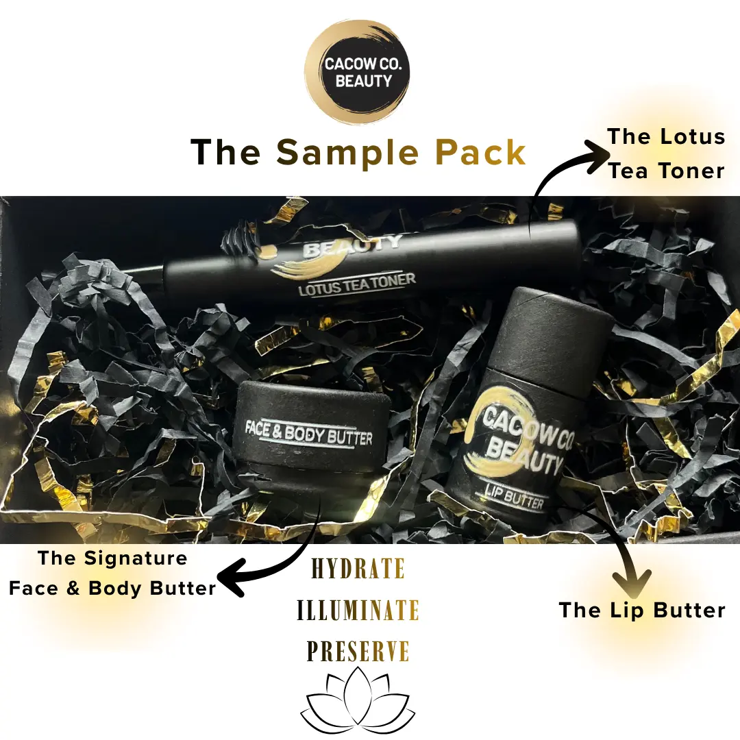 CaCow Beauty - The Sample Pack, Travel Sizes of each - The Face & Body Butter, The Lip Butter, The Lotus Tea Toner  Skin Repair Nourishing Body Care