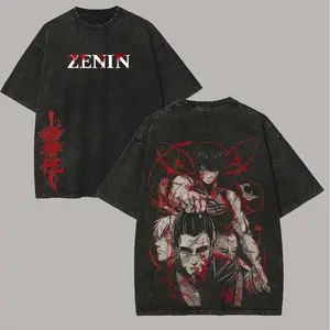 Men's Baggy Casual Round Neck T-Shirt - Vintage Washed Jujutsu Kaisen Zenin Family Graphic Top, Distressed Oversized Maki Zenin Blood-Style Retro Anime Streetwear, Ideal Gift for Fans, Limited Stock, Casual T-Shirts