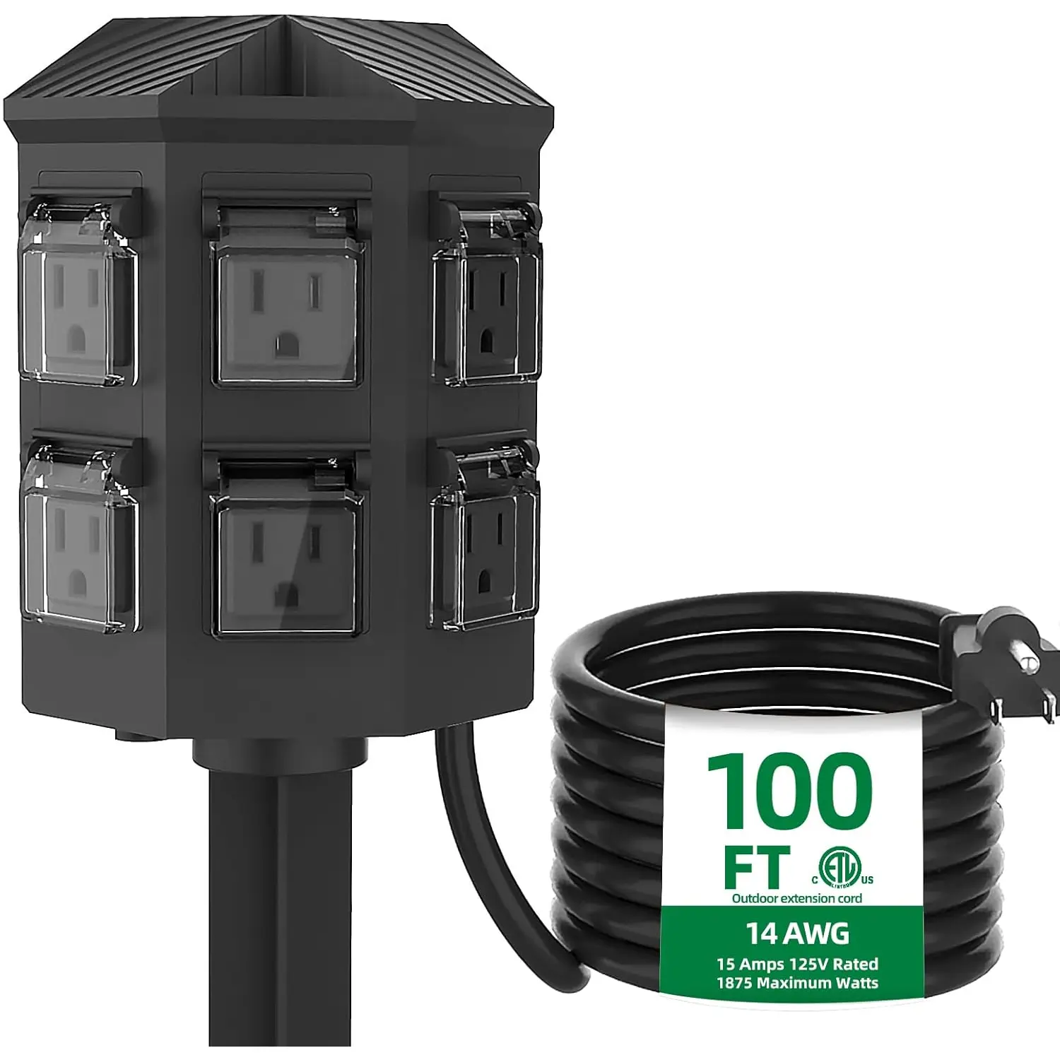 Outdoor Power Strip Weatherproof, 100 FT Extension Cord with Power Stake, 6 Grounded Outlets for Outdoor Lights, 15A/1875W, ETL Listed