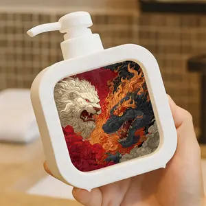 Creative Bathroom Dispenser with Hand Pump - Mythical Creature Battle Design, Fierce White Lion vs Dragon Beast, Fiery Swirling Flames & Elaborate Patterns, Ideal for Soap, Lotion, Decorative Accessory