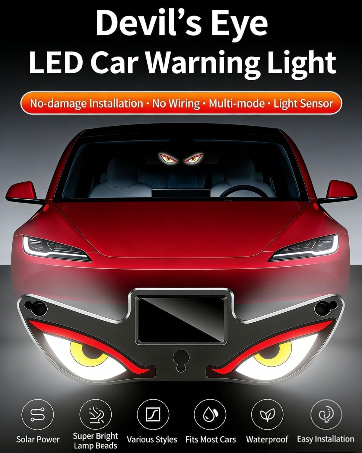 Solar Powered Devil Eyes LED Car Light, Dynamic Windshield Ambient Lamp | Vibration & Light Sensor, USB-C Rechargeable, 5 Dynamic Lighting Modes with security rgb shape heart