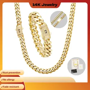 [Set] 14K Gold Plated Monaco Jewelry Set Unisex 316L Stainless Steel, Miyamei Bold 6-14mm Hip-hop Style, Anti-rust, Non-allergic, Fading Resistant, Gift Box