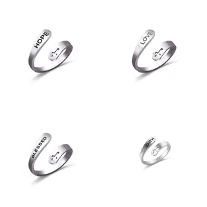 Stainless Steel Adjustable Cross Ring, Engraved "Blessed/Faith/Hope/Love" Open Wrap Ring, Minimalist Religious Jewelry for Daily Wear