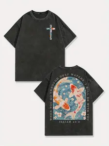 Unisex Isaiah 43:2 Graphic T-Shirt Vintage Washed Christian Cross & Koi Fish Design Bible Verse Quote Religious Faith Outfit For Deep Waters & Spiritual Comfort