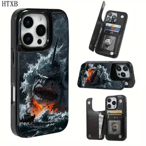 A business leather card holder phone case with an evil and fierce shark pattern,suitable for iPhone 17 Air/16 Plus/15 Pro Max/14 Pro/13/12/11/XS Max/X phone case,an ideal choice for holiday gifts for family, friends, lovers, boyfriends, girlfriends KBPK16