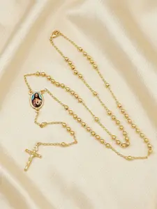 Hollow Priest Pendant Prayer Bead Necklace Cross 14K Gold Plated 6mm Round Bead Sacred Religious Jewelry Holiday Gift Blessings Cross Design Necklace