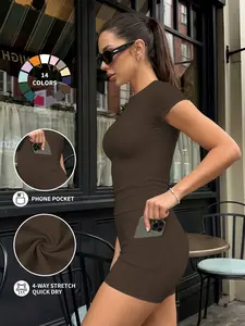 Women's 2-Piece Set, Plain Color T-Shirt Top, High-Waist Yoga Shorts with Pockets, Sporty Short Sleeve, Spring Summer Fitness Wear, Gym Sports Set