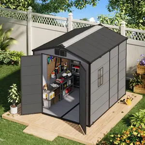 6x4 FT Outdoor Storage Shed with Lockable Double Doors&Built-In Floor, Weather-Resistant Metal Garden Shed with Sloped Roof for Backyard, Patio & Lawn, Gray/Black