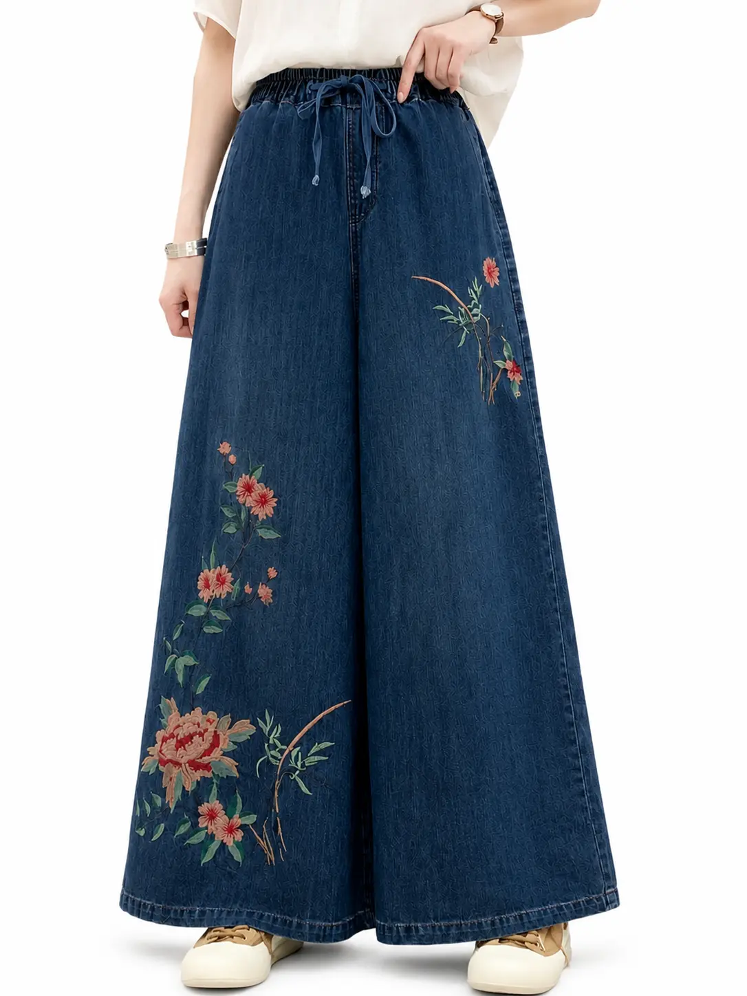 Women's Wide Leg Denim Pants with Floral Print Elastic Draw string High Waist Casual Jeans Streetwear Wideleg Bottom Womenswear Adjustable Everyday Style Soft Oversized Lightweight Trouser