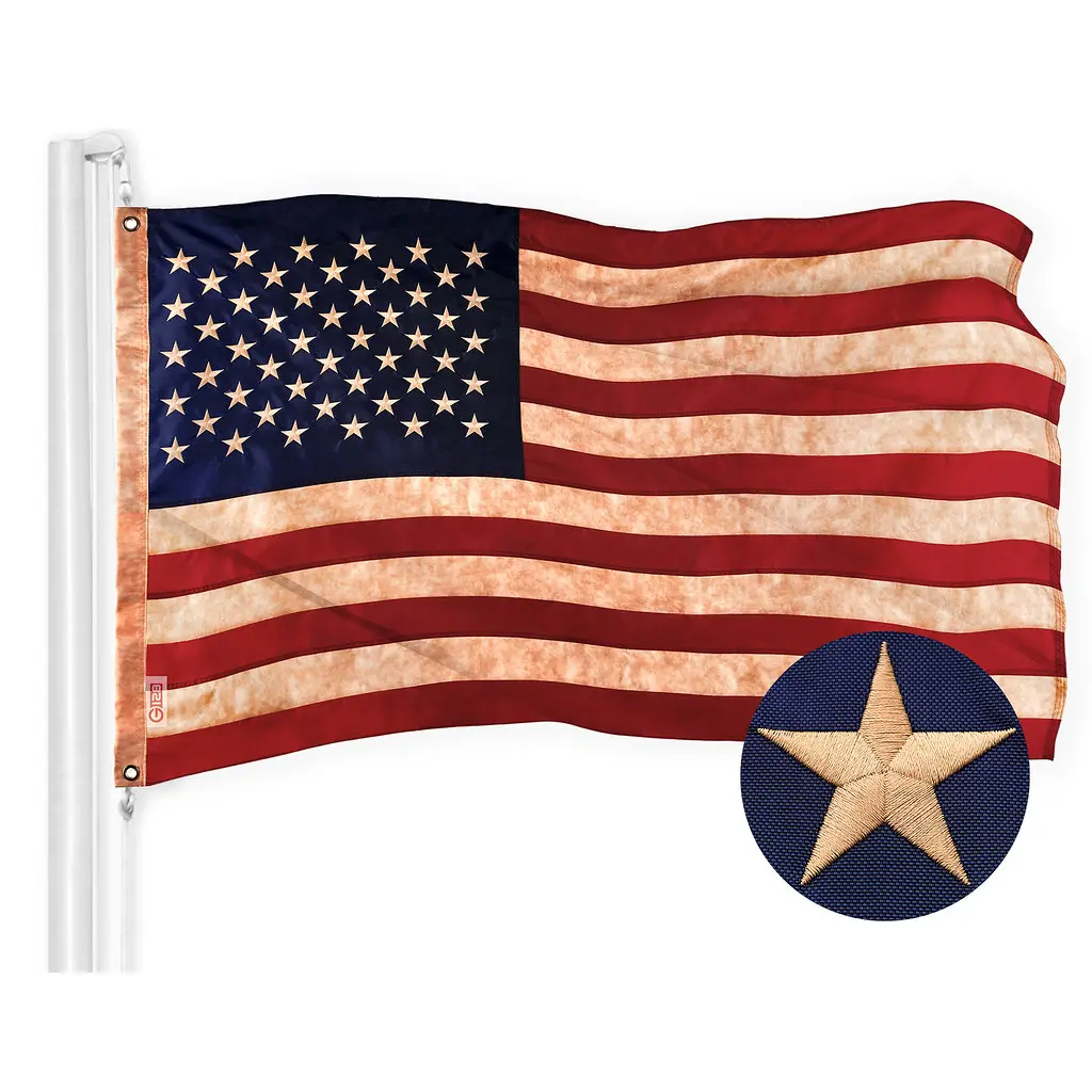 G128 American USA Tea-Stained Flag | 2.5x4 Ft | ToughWeave Pro Series Embroidered 420D Polyester | Embroidered Stars