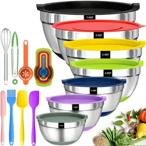 Stainless Steel Mixing Bowls with Airtight Lids 20-Piece Set Non-Slip Silicone Bottoms 7 Sizes 0.67-7QT for Baking Serving Tableware