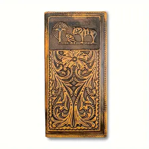 Men'S Western Cowboy Animal Pattern Full Grain Leather Checkbook Wallet Vintage Genuine Leather Long Bifold Wallet,Ideal Gift For Men