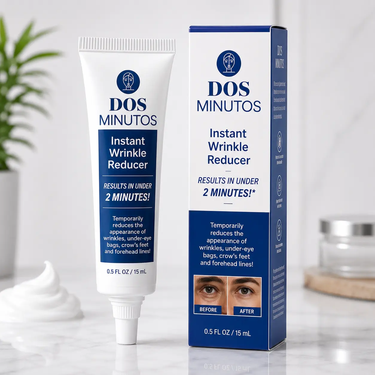 DOS MINUTOS Instant Anti-Wrinkle Reducer Moisturizer - Lightweight Daily Under Eye & Dark Circles Treatment for All Skin Types, Peptides Blend, Aloe, Grape Seed Oil, 2-Minute Results, 0.5 FL OZ (15ml)