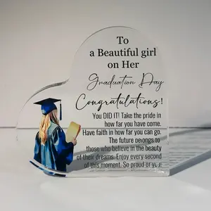 Summervibes 4x4 in Acrylic Heart-Shaped Graduation Keepsake, Letter Pattern Decorative Ornament, Home Wall Decoration Gift for High School/College Day Graduates Present