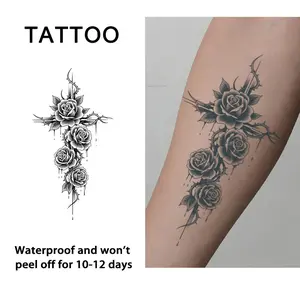 Cross Rose Temporary Tattoo Sticker, Waterproof Long-Lasting 7-15 Days, Semi-Permanent Herbal Tattoo Patch, Realistic Non-Reflective for Men and Women