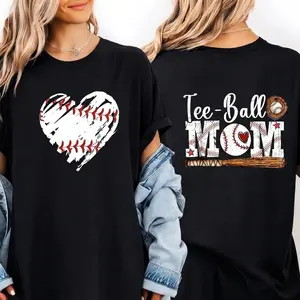 Tee-Ball Mom Baseball Heart Graphic Tee, Sports Mom Casual T-Shirt Shirt TOP
