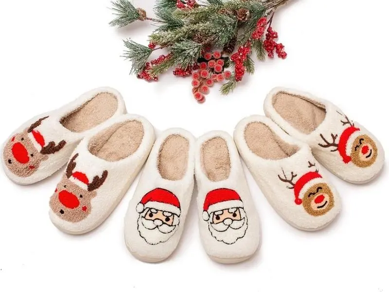 Cozy Christmas Slippers - Custom Deer & Santa Print - Personalized Xmas Gift, Christmas Slippers, Christmas Gift, Winter Xmas Custom slipper