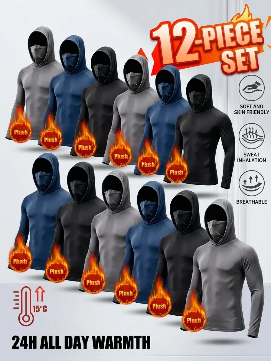 Men's Plush Fleece Thermal Top Set (3-12 Pack) - Plain Menswear, Stretch Long Sleeve Sport Shirt with Face Cover for Winter Cold Weather Bulk Fitness Activewear