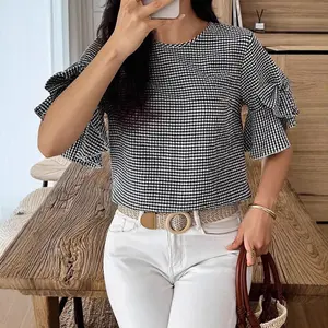 Women's Plus Size Plaid Blouse with Gingham Bow Ruffle Half Sleeve Summer Casual Going Out Tops