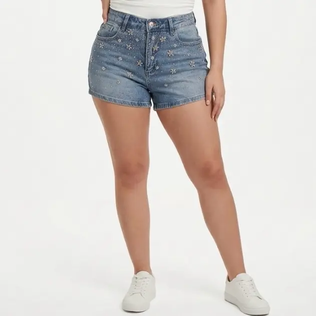 Rhinestone Blue Shorts with Floral Embellishments for Women's Summer Fashion