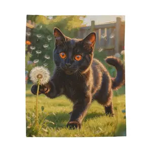 Black Kitten with Dandelion Blanket, Velveteen Plush Cat Throw