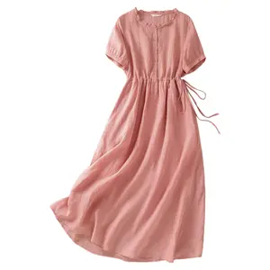 Elegant Summer A-Line Dress, Chiffon Long Skirt with Drawstring Waist, Solid Color Crew Neck Flimsy Style