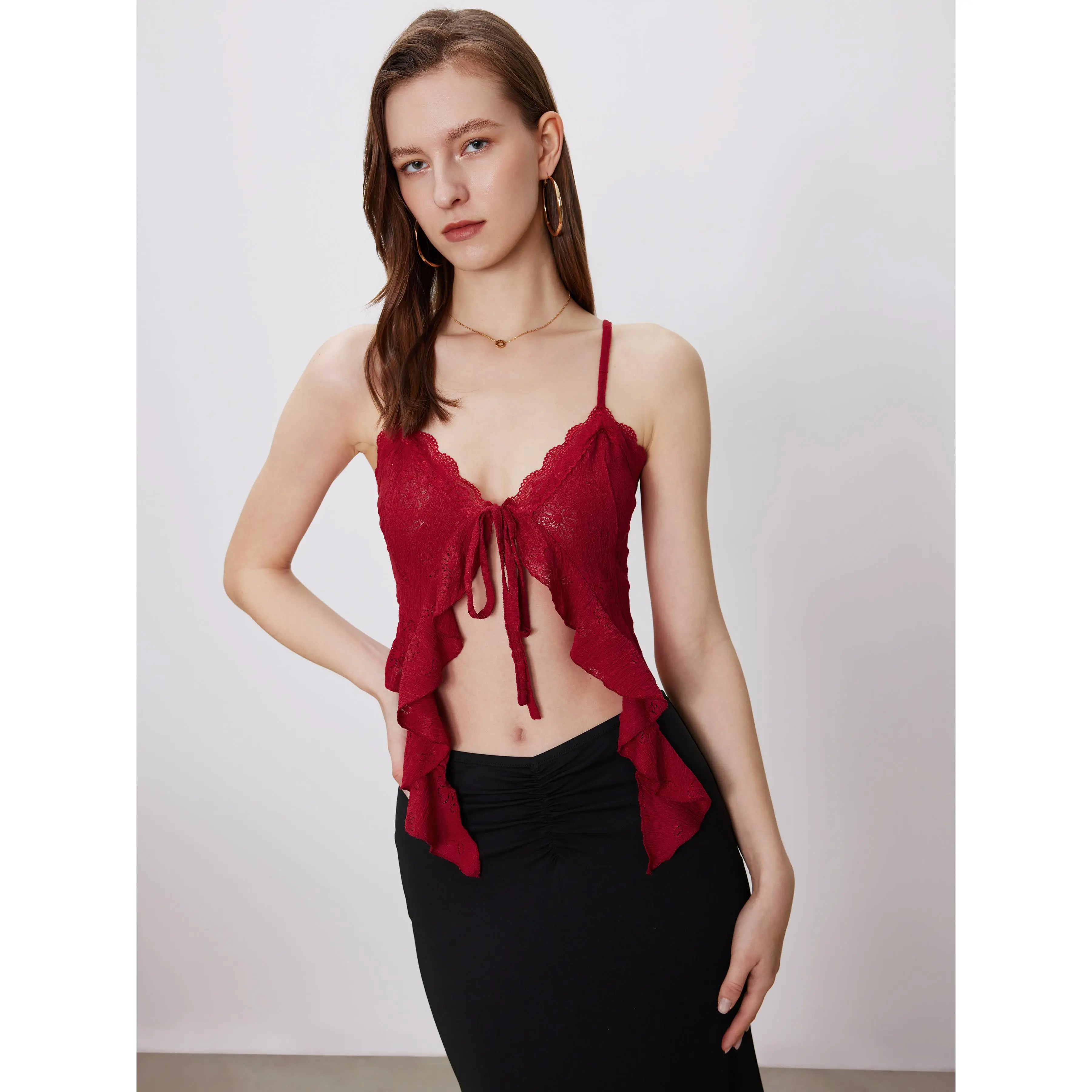 Cider Women's Lace Ruffle Hem Knotted Crop Top with Adjustable Crisscross Strap, Beach Vacation Staple Knit Top, Spring Break Adjustable Bralette, Boho Beachwear Lace Crop Top, Lady Adjustable Tie-Front Bikini Cover Up, Music Festival Spring Outfits