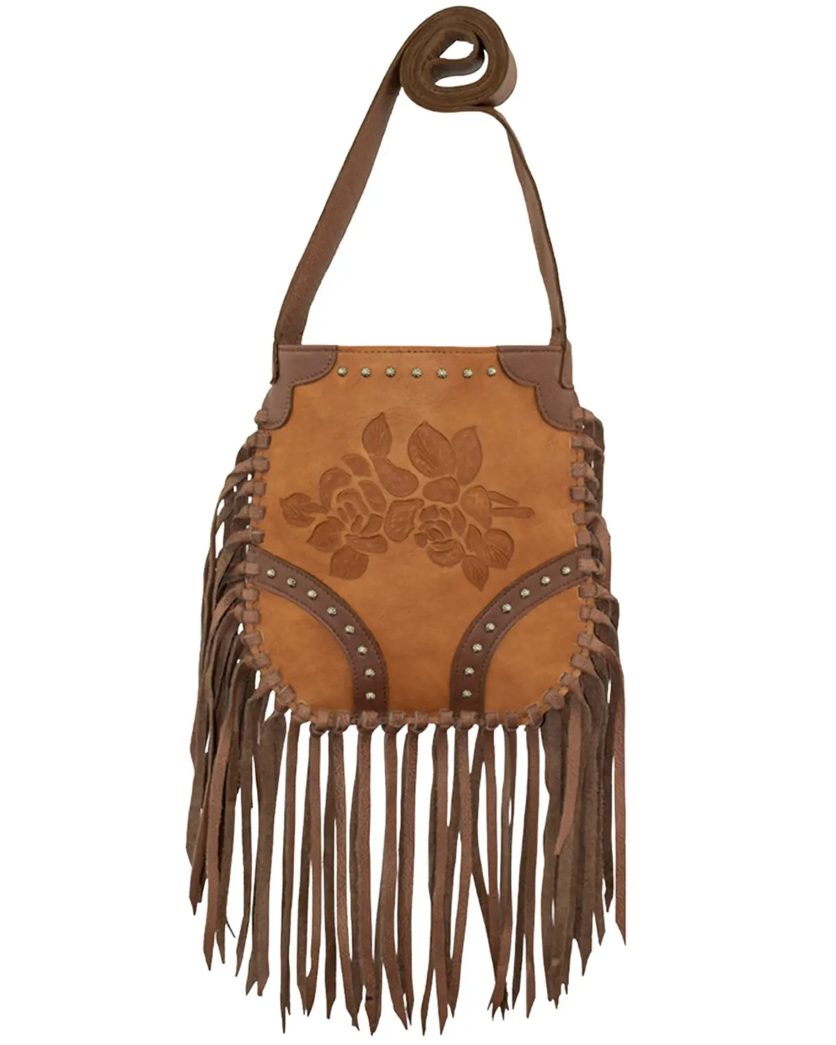 American West Women's Women'S Floral Tooled Fringe Crossbody Bag - 7215122