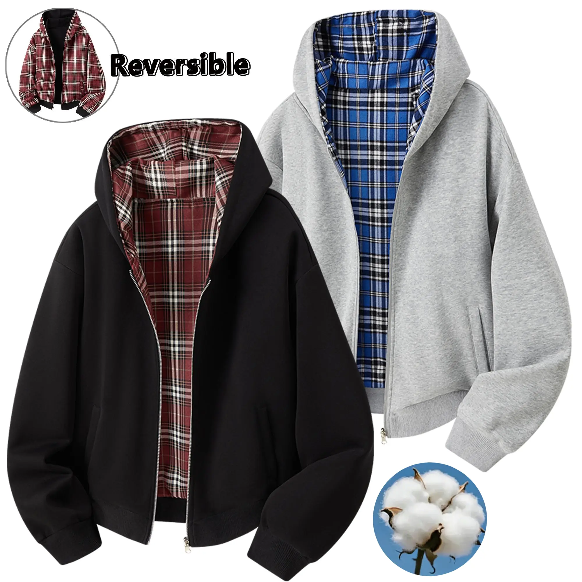 EKF Men’s reversible plaid jacket with zip closure and hood | Cotton sweatshirt, two ways to wear, classic plaid lining with a retro feel, suitable for spring and autumn American street style