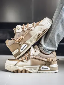 Men's Khaki-Off-White Color-Block Chunky Sneakers, Retro Cool Style, Mesh & Leather Paneling + Hemp Rope Laces, Color-Block Elegant, Retro Eye-Catching , Ideal for Street Outfits & Daily Outings