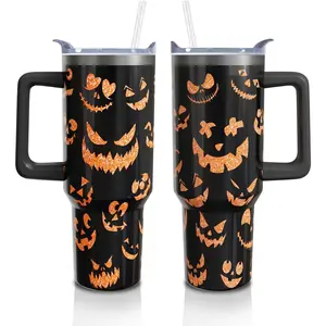 Halloween Pumpkin Face 40 Oz Tumbler With Handle and Straw, Stainless Steel Insulated Cup Water Bottle, Holiday Gifts for Women Men (1PC)