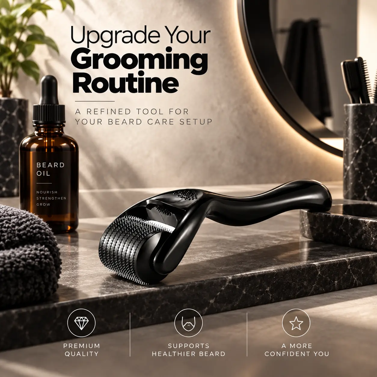 Beard Derma Roller for Men, 0.25mm 540 Titanium Microneedles, Microneedle Beard Roller for Face, Scalp & Hair, Beard Growth Roller Grooming Tool with Ergonomic Handle and Protective Storage Case for Daily Use