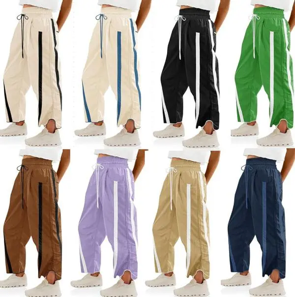 Women's Casual Wide Leg Track Pants with Side Stripe, High Waist Drawstring Loose Fit Joggers for Streetwear, Travel, Workout & Everyday Wear