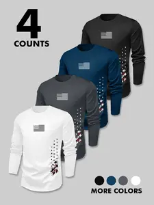 Men's Round Neck Long Sleeve Casual Fitted T-Shirt, Fall & Winter Moderate Fabric H-Type Silhouette Regular Fit Top, Casual Style Tee, Casual Streetwear Top