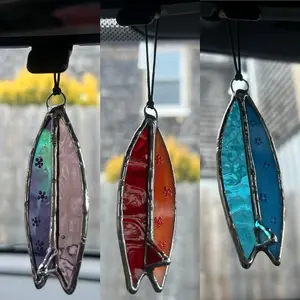 Stained Glass Surfboard Rearview Mirror Charm | Beachy Car Decor | Wall Art | Window Hanging | Sun Catcher | Gift for Surfer | Car Accessory