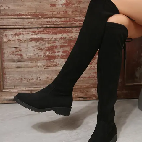 Women's Fashionable Solid Color Lace Up Knee Boots, Modern Boot, Casual Comfortable Round Toe Boots for Daily Wear, Female All-match Trendy Shoes for Fall & Winter, Casual Warm Boots