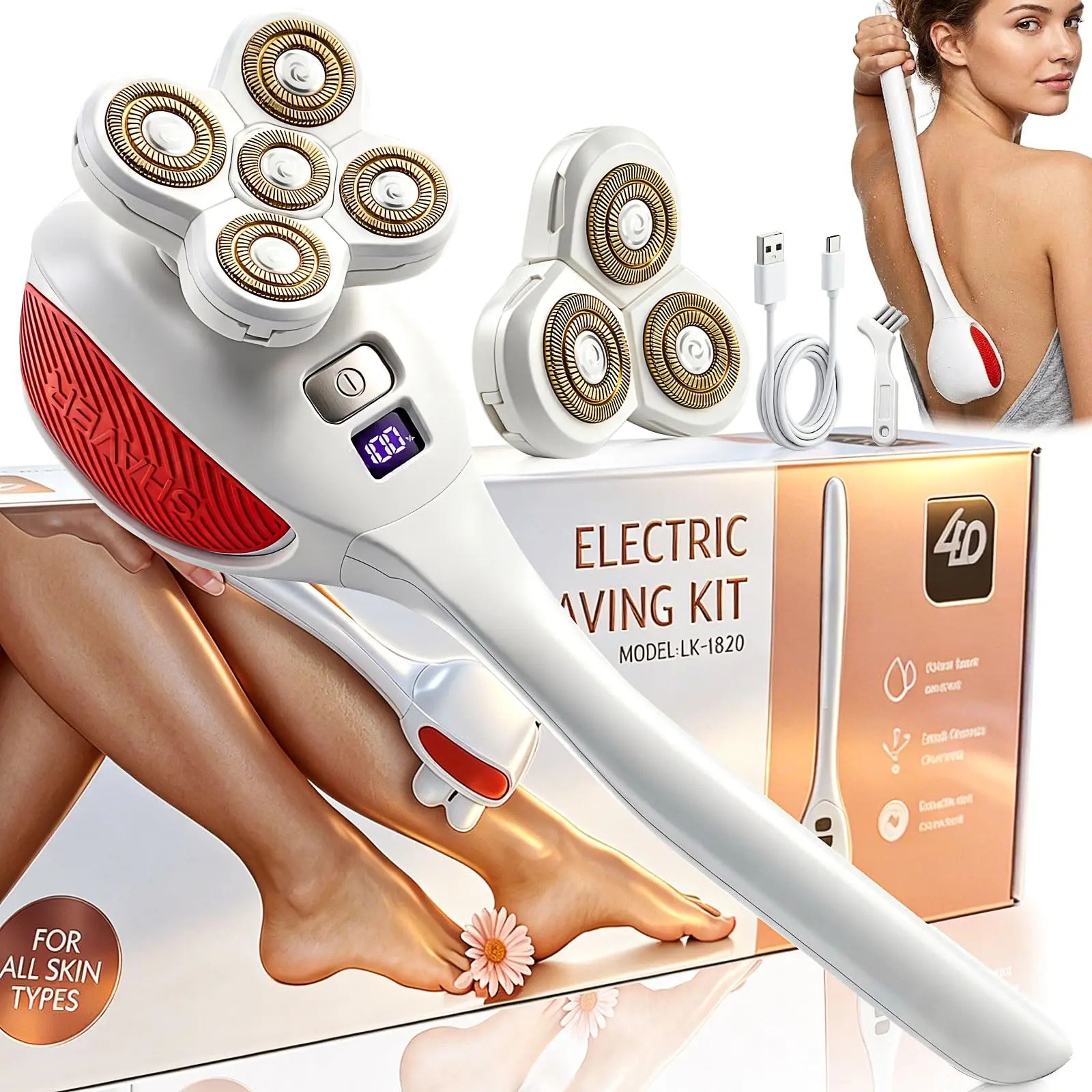 Back Shaver for Women & Men, Rechargeable Electric Back Shaver with Long Handle, Waterproof Full Body Hair Trimmer & Groomer Kit with Replacement Shaving Heads