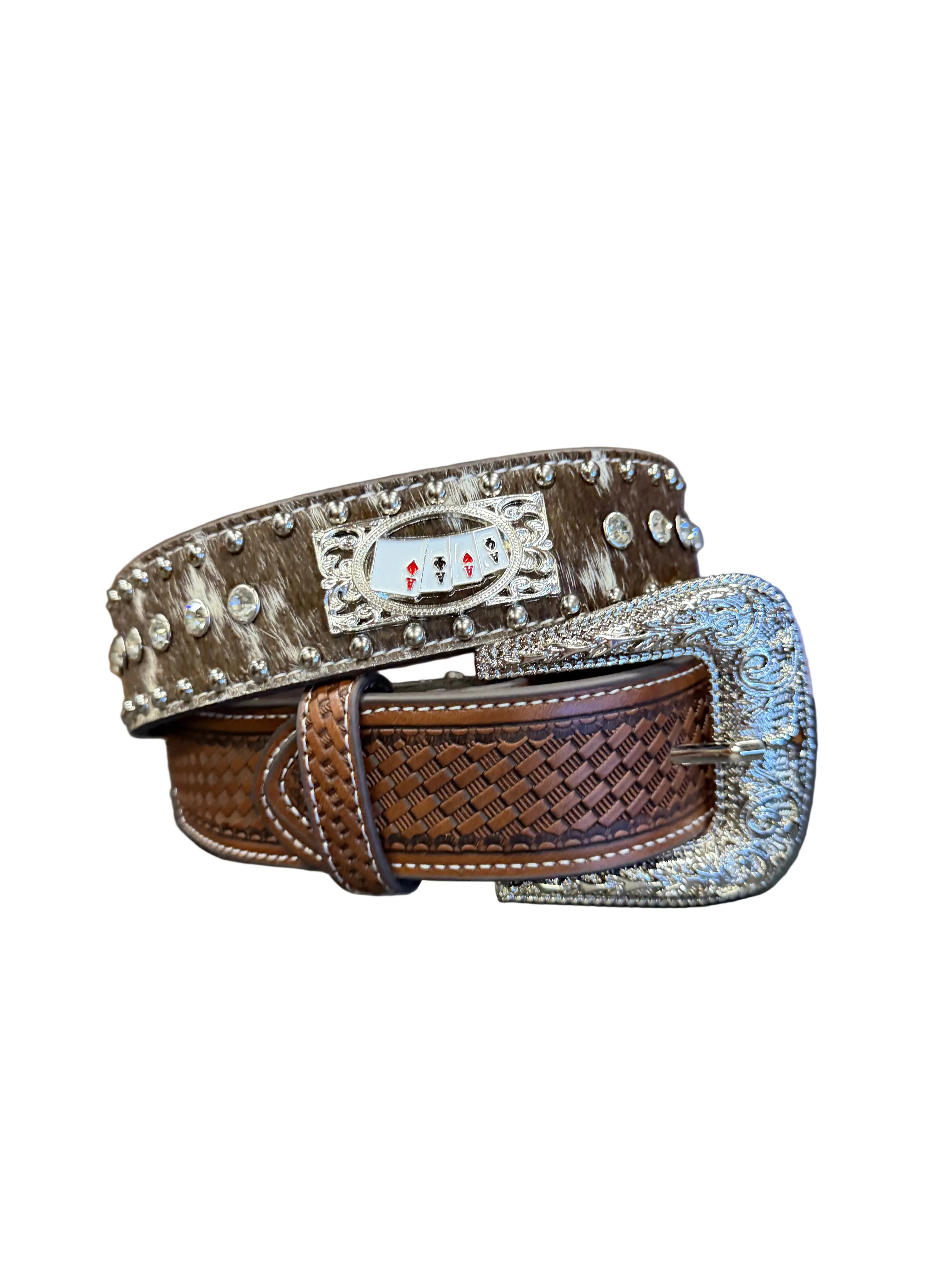 Western Fashion Cow Hide Belt - Rhinestone Studded Buckle, Adjustable Fit Belts for Concerts, Cowboy Stuff, Country Boy Style Punchy Western Outfit, Bling Men's Belts