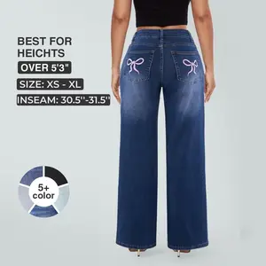 Magic SHAPUM Mid Low Waist BBL Jeans for Women Wide Leg Loose Fit Comfortable Stretchy Denim Pants Embroidery Dark Blue Stretch Denim Tights