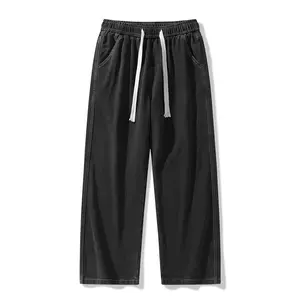 Men's four-season drawstring elastic waist washed and distressed loose straight plain jeans, non-stretchy denim pants, Streetwear, loose fit, suitable for daily casual wear, urban gatherings, and weekend fashion looks, a must-have men's pants